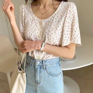 U-neck Cherry Printed Blouse Ivory - One Size