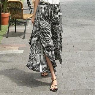 Tie-waist Slit-side Patterned Pants