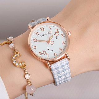 Set: Plaid Fabric Strap Watch + Moon & Star Bracelet
