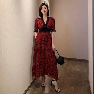 Leopard Elbow-sleeve Midi A-line Dress