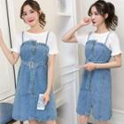 Denim Spaghetti Strap Dress / Lettering Short-sleeve T-shirt