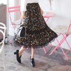 Lace-trim Floral Pattern Flare Skirt