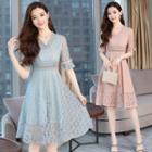 V-neck Elbow-sleeve Lace A-line Dress