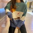 Color Block Cartoon Embroidered Knit Top