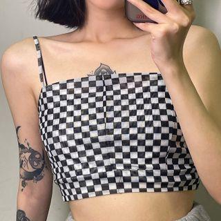 Spaghetti Strap Plaid Top Black & White - One Size