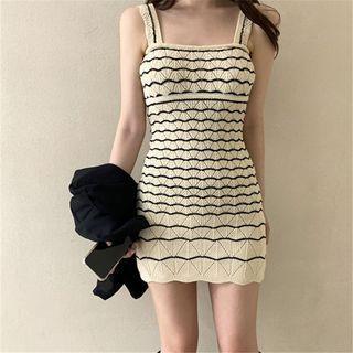 Spaghetti Strap Striped Mini Knit A-line Dress Almond - One Size