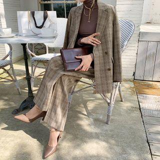 Double-breasted Glen Plaid Blazer Brown - One Size