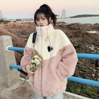 Heart Embroidered Two-tone Fluffy Jacket