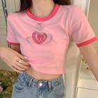 Heart Print Cropped T-shirt T-shirt - Love Heart - Pink - One Size