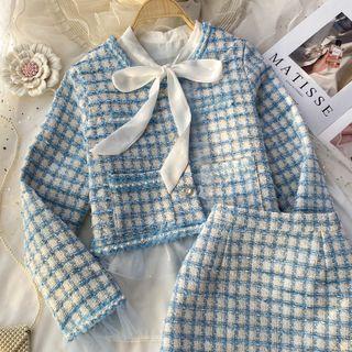 Set: Bow Shirt + Mesh Panel Tweed Blazer + Skirt