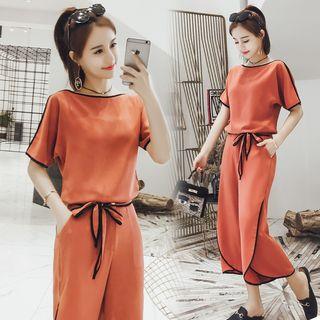 Set: Short-sleeve Contrast-trim Top + Wide-leg Pants