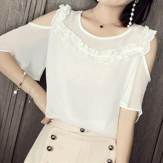 Frill Trim Cut Out Shoulder Elbow Sleeve Chiffon Top