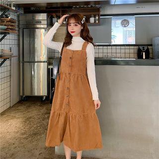 Long-sleeve Mock Neck Plain Top + Sleeveless Plain A-line Dress