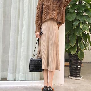 Plain High-waist Pleated Knit Skirt