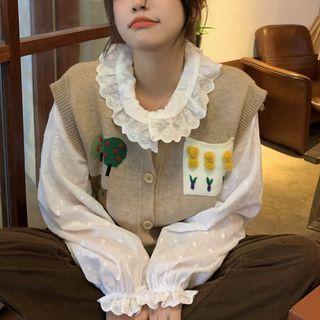 Lace Trim Blouse / Pocket Detail Printed Button-up Sweater Vest