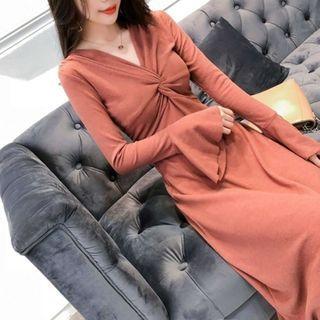 Twisted Bell-sleeve Midi A-line Knit Dress