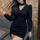 Puff-sleeve Choker-neck Drawstring Bodycon Dress