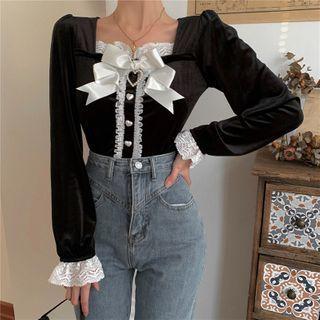 Velvet Bow Square-neck Blouse