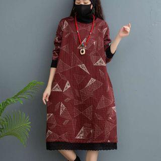 Long-sleeve Triangle Print Shift Dress Maroon - One Size