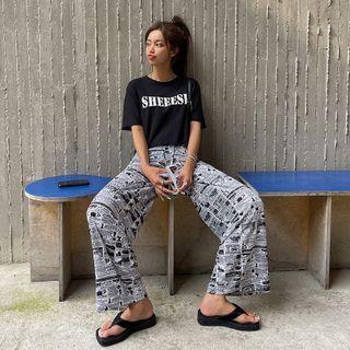 Newspaper-print Wide-leg Pants Black - One Size