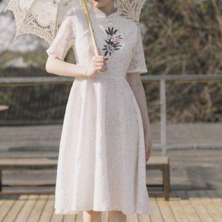 Flower Embroidered Lace Midi A-line Dress
