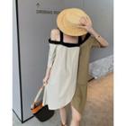 Cold-shoulder Two-tone Dress Khaki - One Size