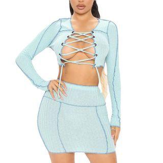 Set: Long-sleeve Contrast Stitch Lace-up Crop Top + Mini Fitted Skirt