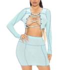 Set: Long-sleeve Contrast Stitch Lace-up Crop Top + Mini Fitted Skirt