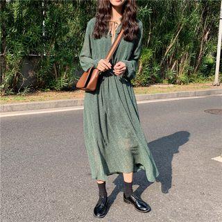 Long-sleeve Tie-neck Polka Dot Dress As Shown In Figure - One Size