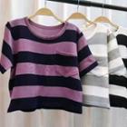 Elbow-sleeve Striped Cropped Knit Top