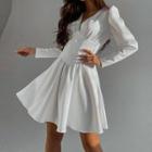 Deep V-neck Puff Sleeve A-line Dress