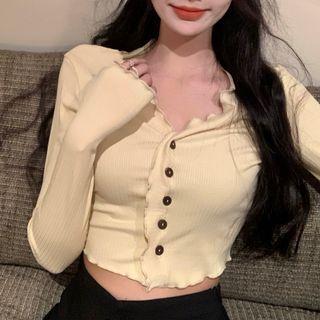 Long-sleeve V-neck Plain Ruffle Trim Slim Fit Crop Top