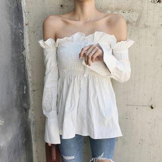 Long-sleeve Off-shoulder Lettuce Edge Blouse White - One Size