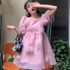 Puff-sleeve Square Neck Flower-accent Mini A-line Dress