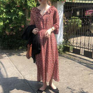 3/4-sleeve Floral Midi Dress Floral - Red - One Size