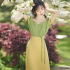 Puff-sleeve Two-tone Floral Midi A-line Dress