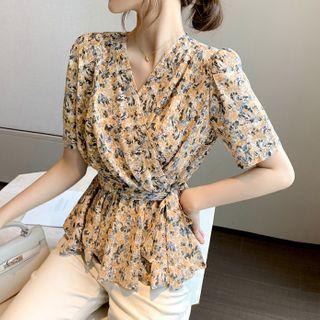 Floral Print Wrap-front Short-sleeve Blouse