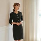 3/4-sleeve Button-trim Dress