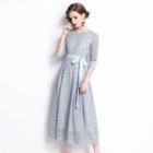 3/4-sleeve Sashed Floral Lace Midi A-line Dress