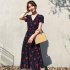 Short-sleeve Cherry Patterned Chiffon A-line Midi Dress