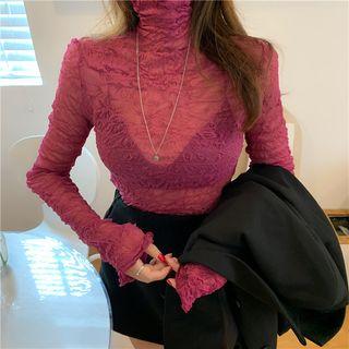 Long-sleeve Mock Neck Ruffled Top