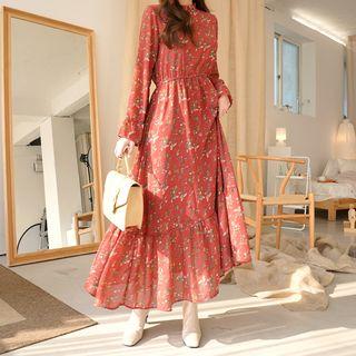 Frill-trim Floral Maxi Chiffon Dress