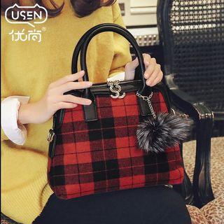 Plaid Tote With Pom Pom Charm
