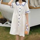 Elbow-sleeve Striped Trim Buttoned A-line Dress White - One Size