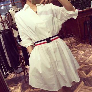 Contrast-trim 3/4-sleeve A-line Shirt Dress White - One Size