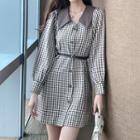 Puff-sleeve Plaid Mini Collared Dress