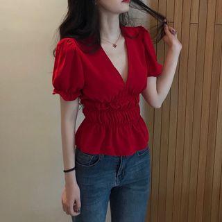 Short-sleeve Peplum Top Red - One Size