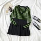 V-neck Striped Long-sleeve Knit Top / Pleated Skirt
