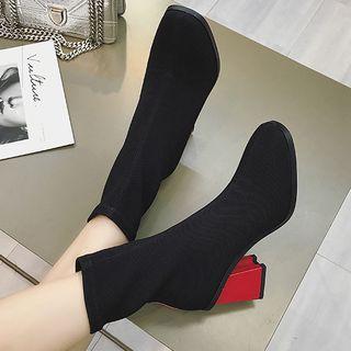 Chunky-heel Square-toe Short Knit Boots