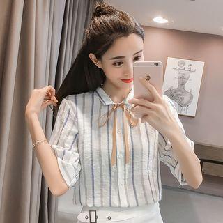 Pinstripe Bow Short-sleeve Blouse